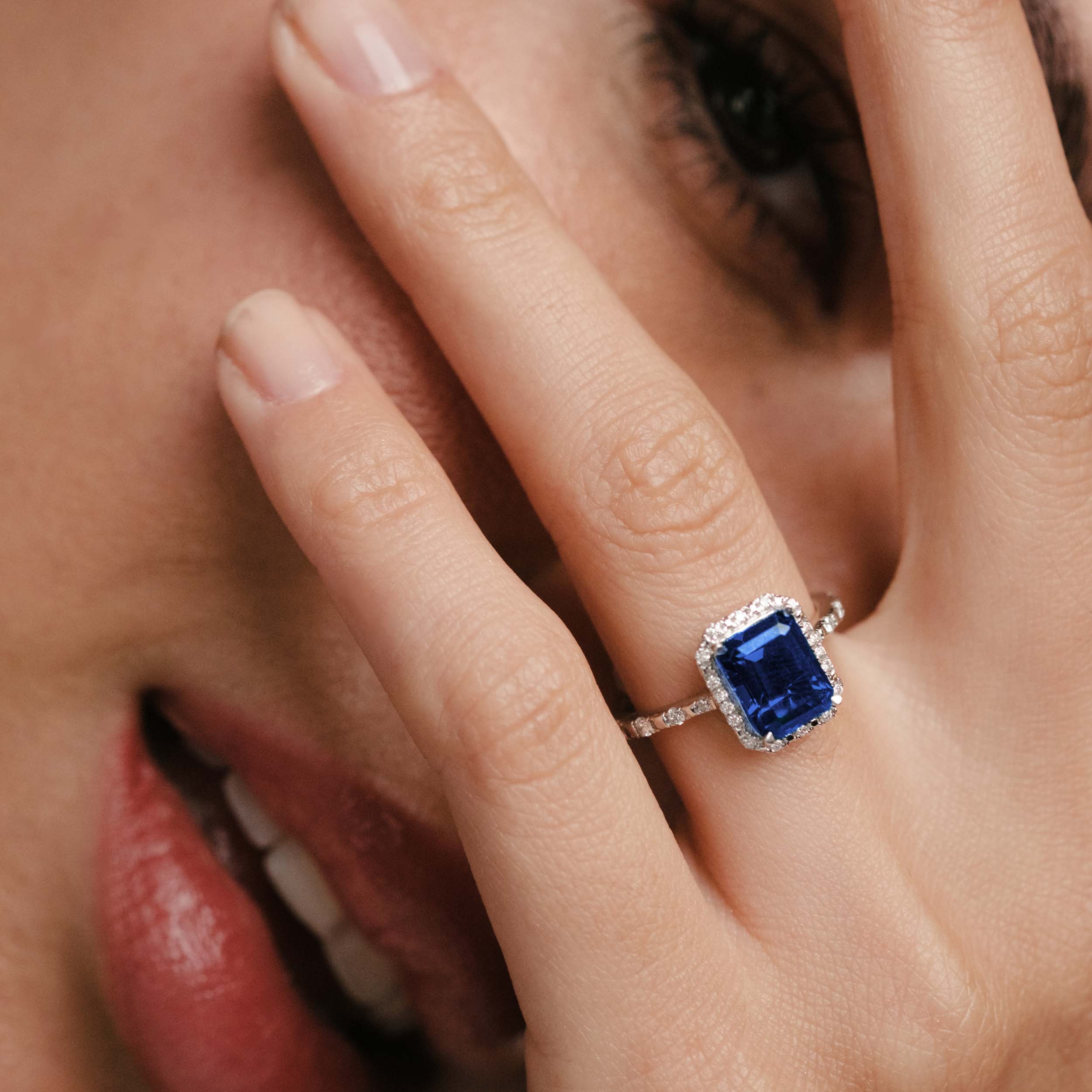 Astra 1.90ct Lab Sapphire Halo Shoulder Set Octagon Cut Ring in Silver